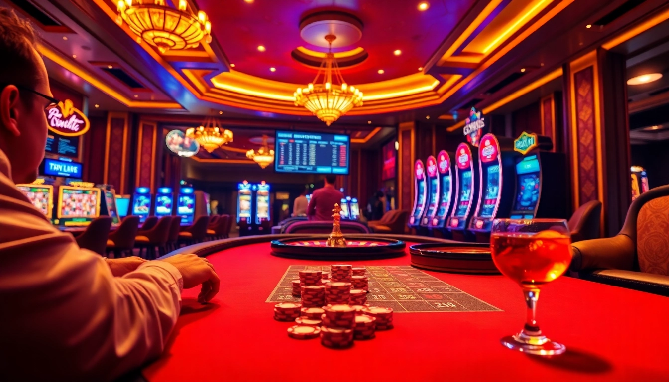 Betting action at https://www.hotelleonardvinci.com/en with poker chips, vibrant slot machines, and roulette wheels.