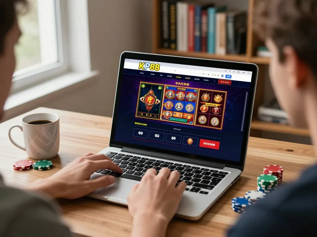 Engaging in online gaming with KP88 on a laptop, showcasing live dealer games and strategy notes.