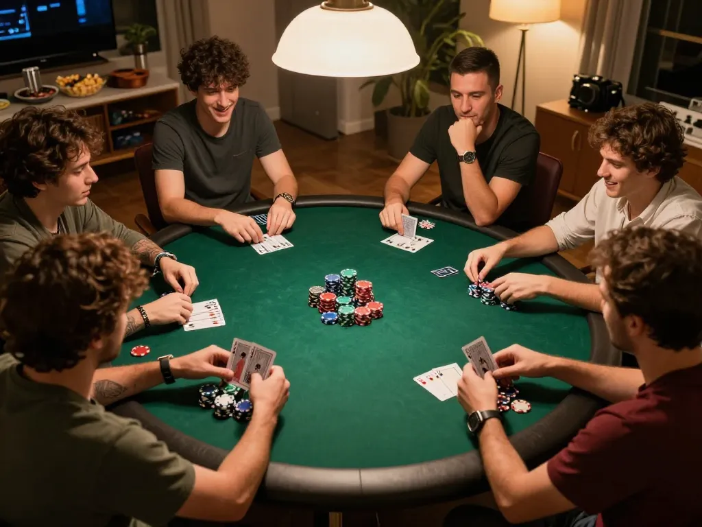 Friends enjoying an exciting poker night at home while playing tg 88 themed games.
