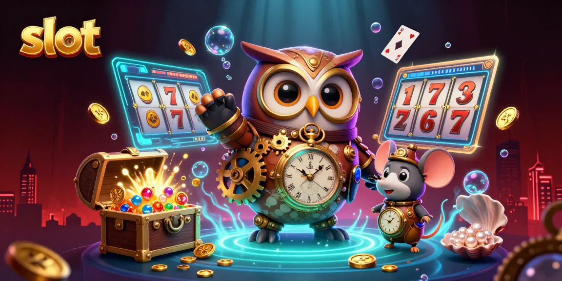 Engage with slot games in this vibrant 3D scene featuring an owl and mouse surrounded by casino elements.