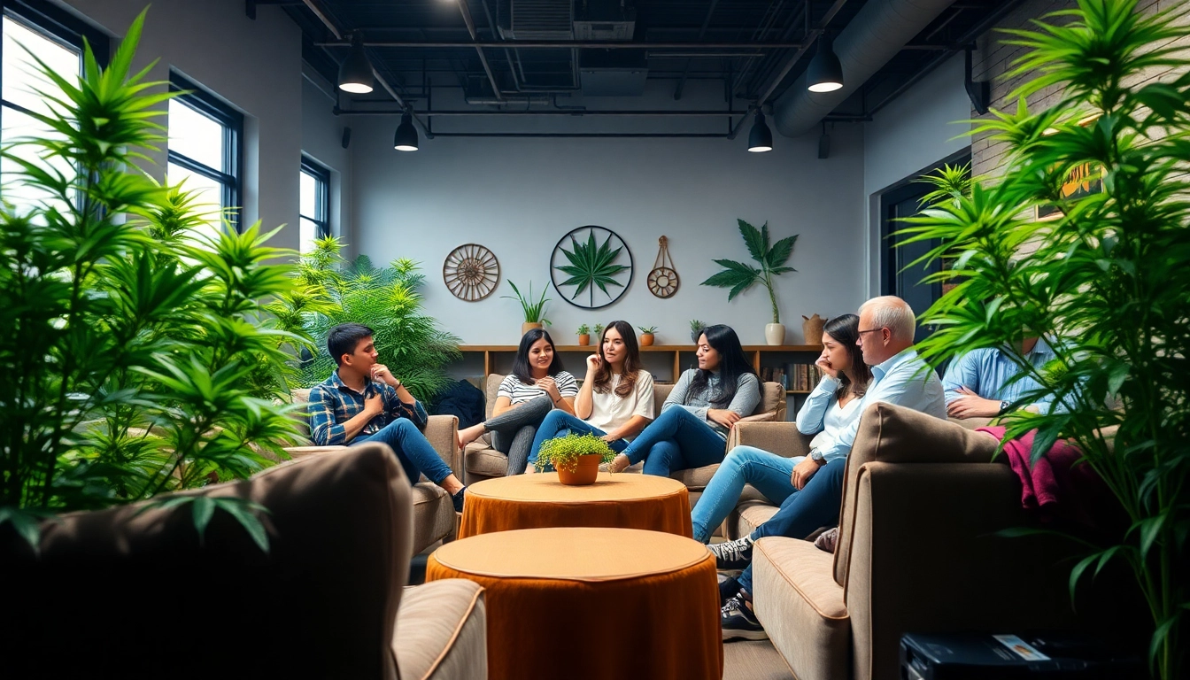 Die Blütenbande Mitglieder genießen entspannende Momente in einem einladenden Cannabis Social Club.