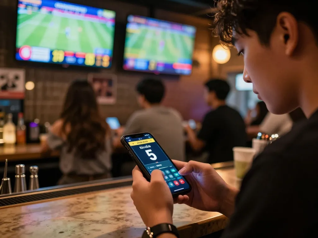 Kèo nhà cái 5 sports betting scene with mobile app user engaged in live betting action.