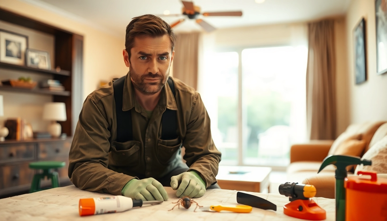 Bed bug exterminator Milwaukee assessing a home for pest issues with professional tools.