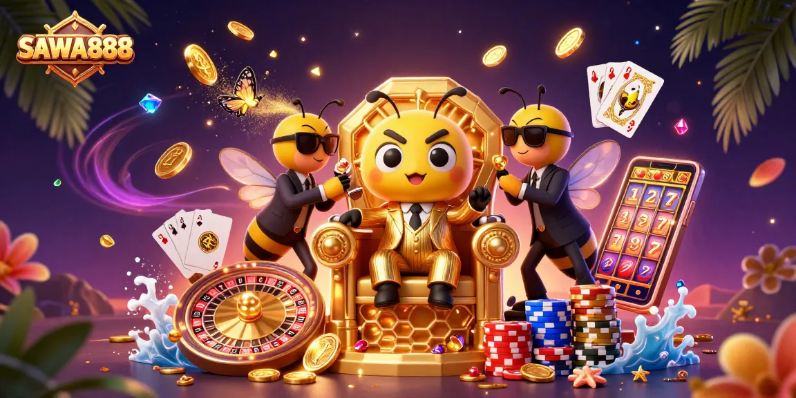 Experience the thrill of SAWA888 with vibrant casino elements, golden coins, and exciting gameplay.
