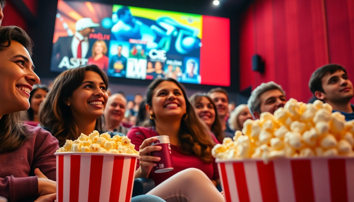 Enjoying a movie experience while watching gowatchseries with friends in a lively cinema setting.