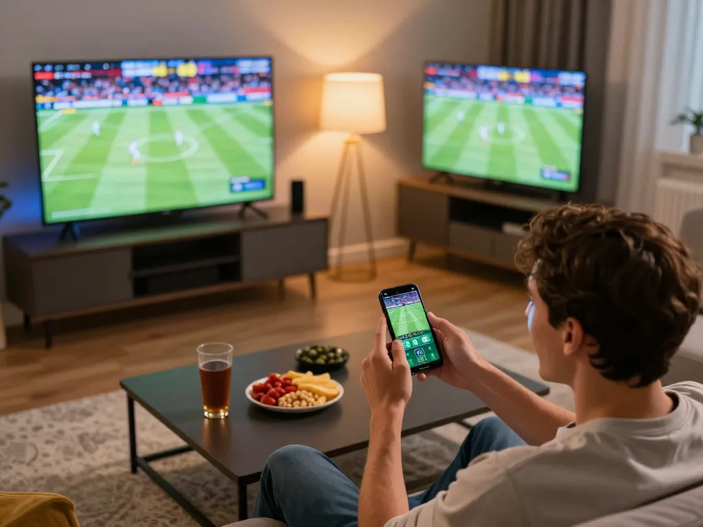 Person engaging in sports betting via smartphone while enjoying live matches at home on https://n188.build/.