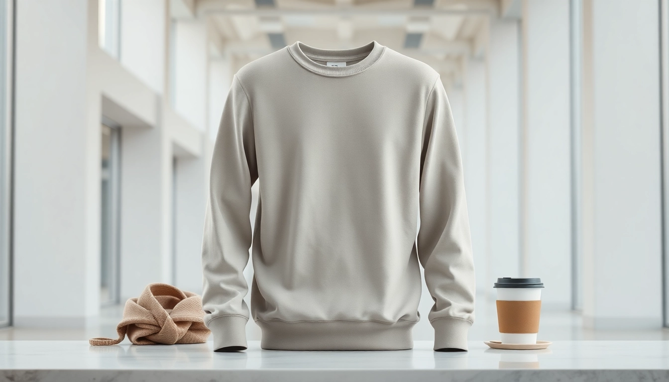 Model showcasing a stylish blank crewneck against a minimalist backdrop emphasizing its versatile design.