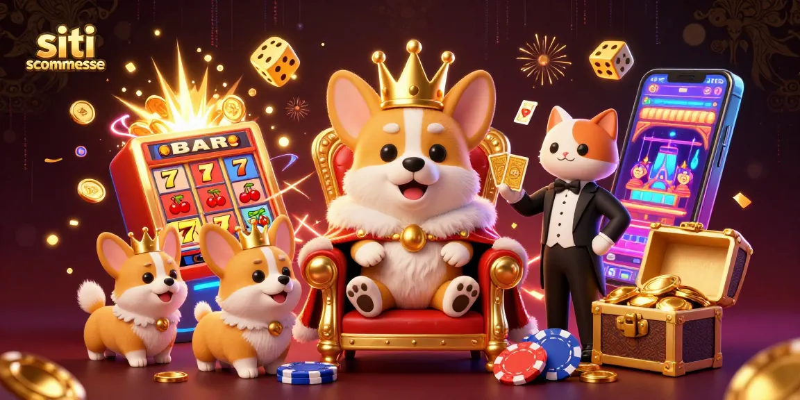Scopri i siti scommesse attraverso un regale corgi su un trono di fiches, circondato da elementi di gioco e vincite.