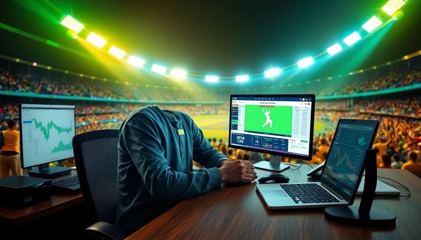 Expert making IPL match betting predictions with data analysis tools and a thrilling cricket backdrop.