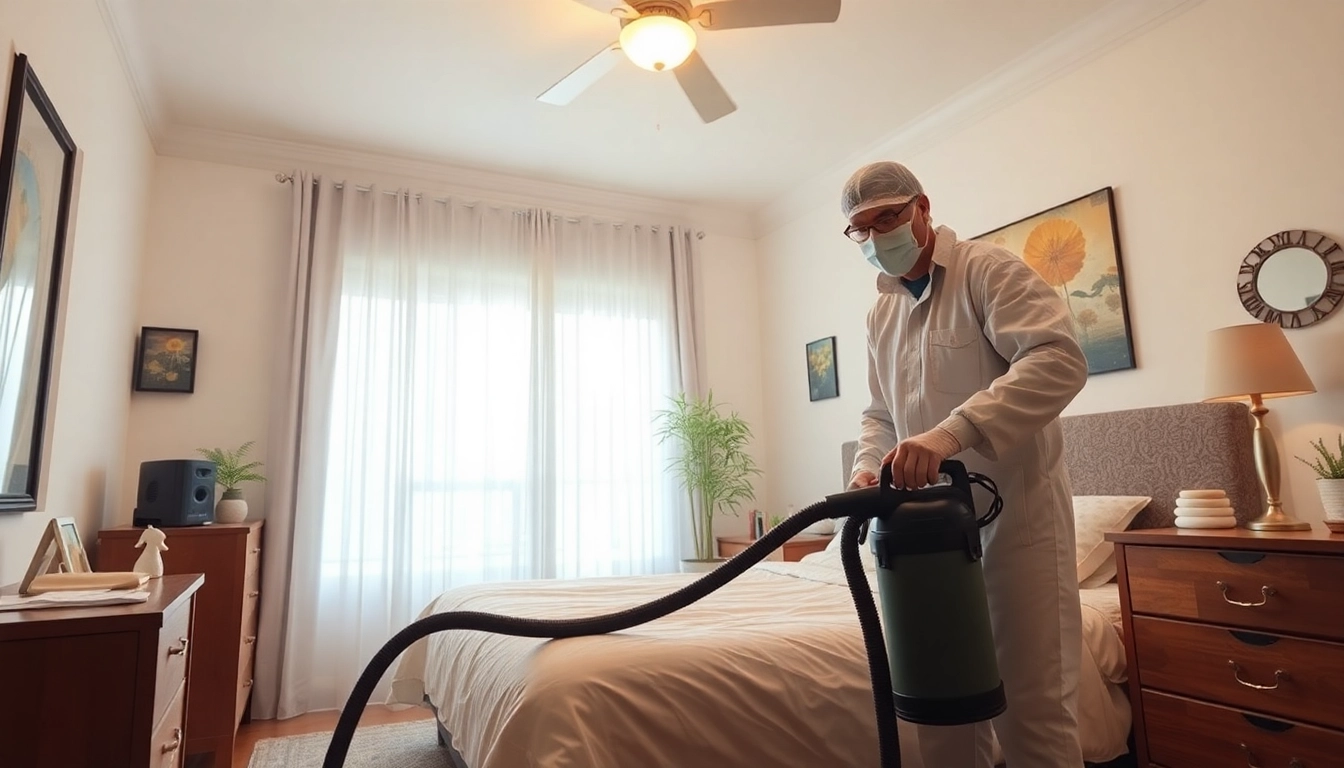 Visualize effective bed bug pest control in action, showcasing a technician in a bright room.