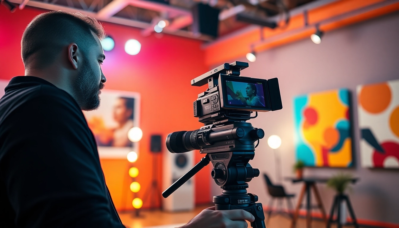 Filming a dynamic scene by Oronto video production company with vibrant studio colors.
