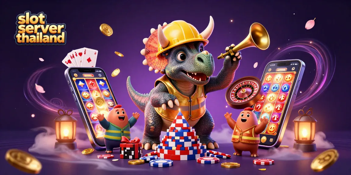 Engage with the excitement of slot server thailand as a triceratops builds poker chip pyramids amidst joyous celebration.