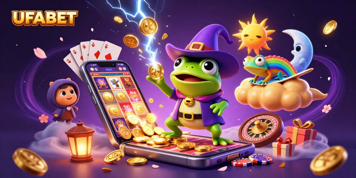 Experience the thrill of UFABET gaming with a vibrant 3D illustration featuring a wizard frog and a chameleon amidst a storm of coins.