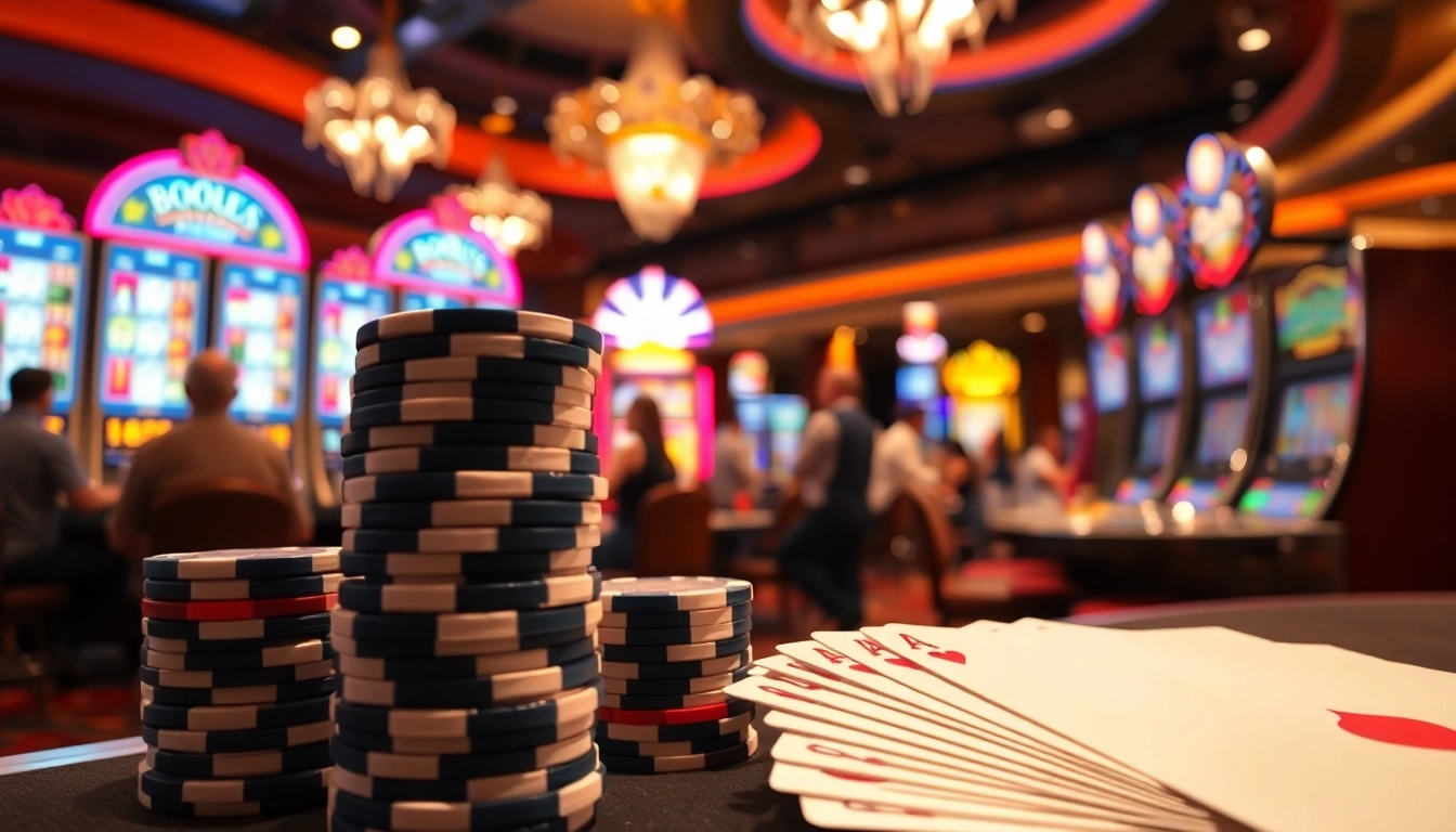 Engaging scene showcasing casino bonuses with vibrant slot machines and poker chips.