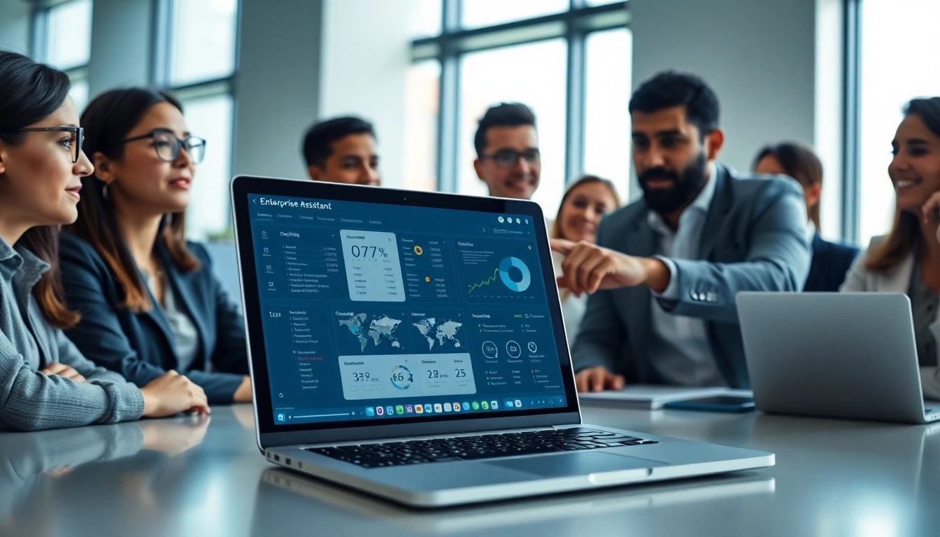 Showcase of enterprise assistant software being utilized by diverse professionals in a modern office.