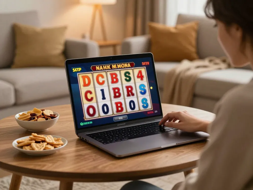 Person playing Mahjong Ways slot on a laptop during a cozy home gaming session