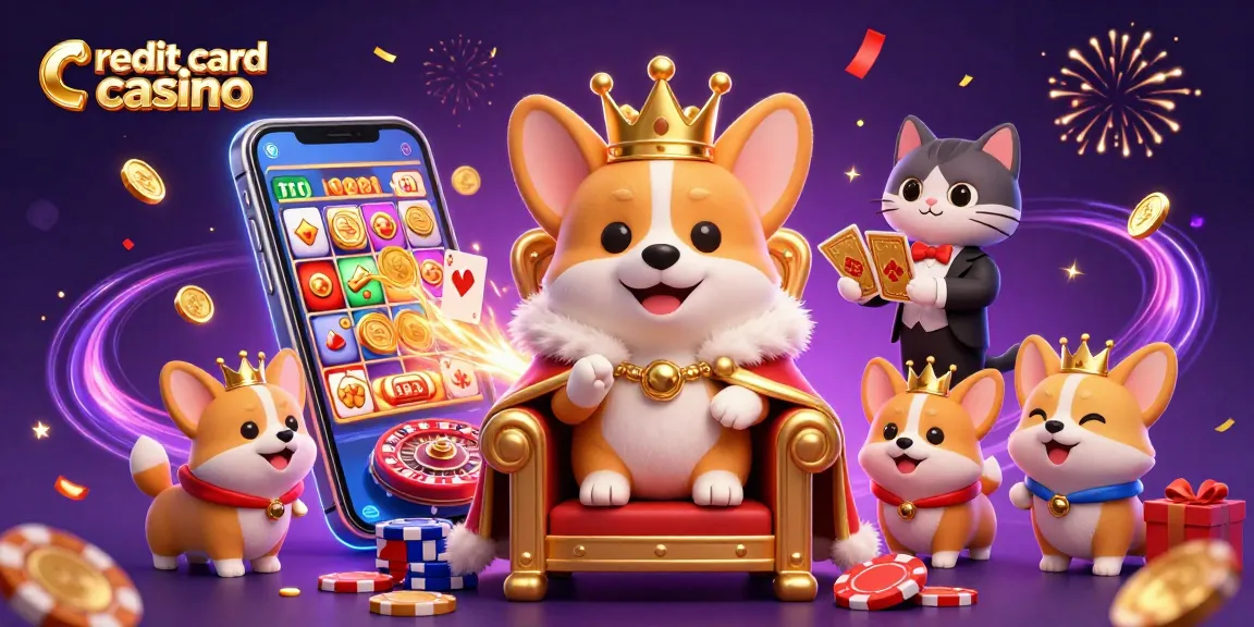 Experience the thrill of a credit card casino with a lively illustration featuring a royal corgi and casino elements.