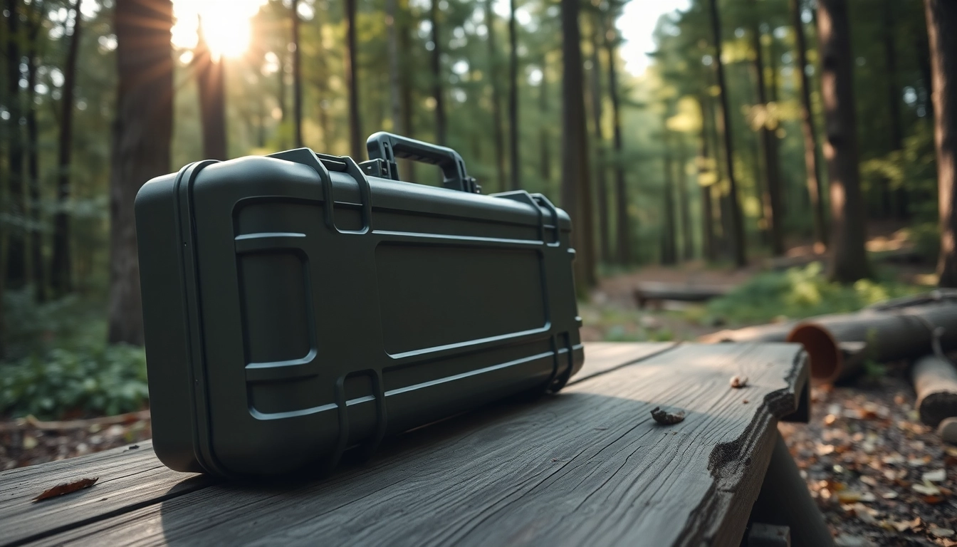 Display of a pelican rifle case emphasizing rugged design and outdoor suitability.