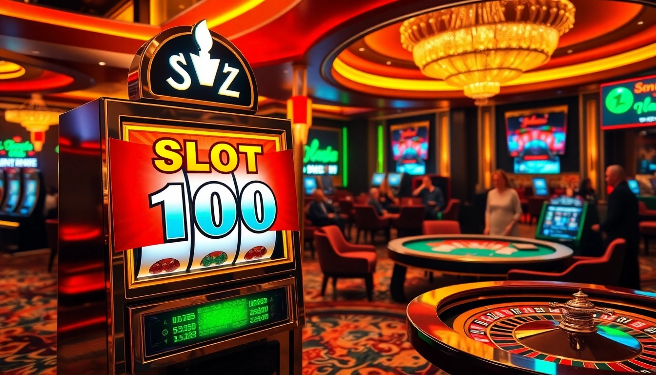 Terlibat dengan Slot Bonus 100 pada mesin slot kasino mewah yang dikelilingi oleh kegembiraan perjudian yang penuh warna.