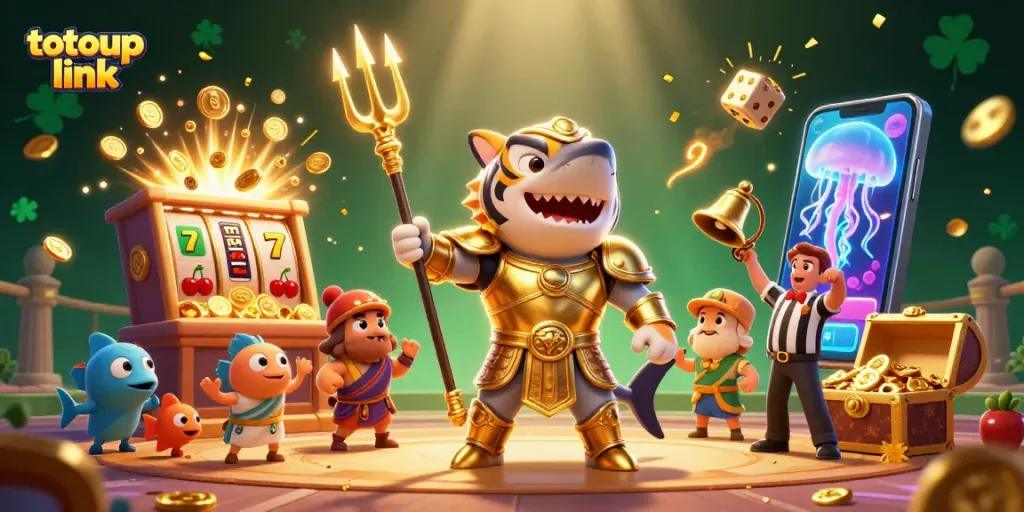 Engage with the thrilling totoup link scene showcasing a fierce tiger shark amidst a colorful underwater casino atmosphere.