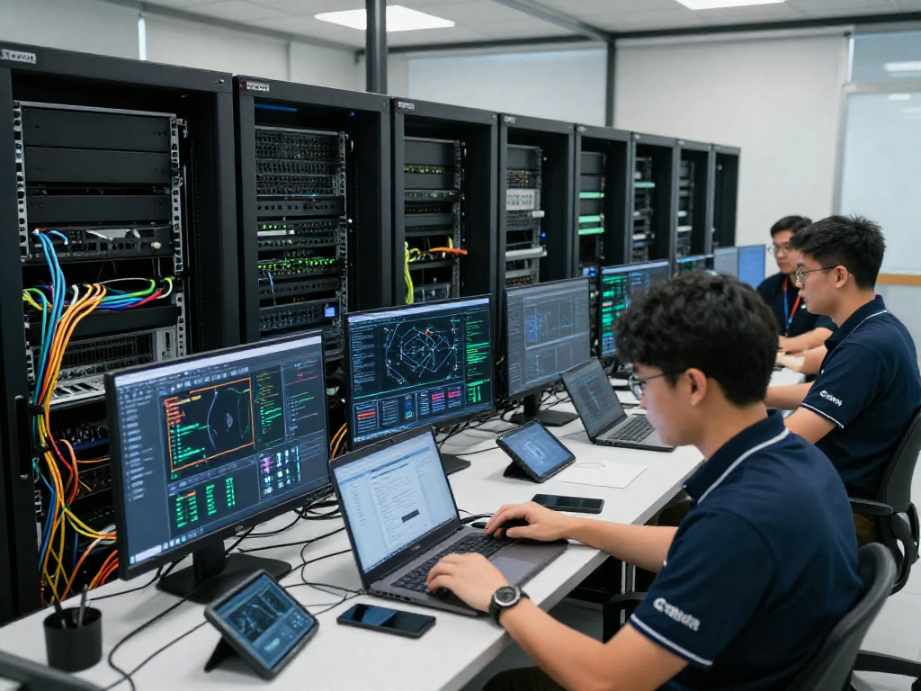 Configuración de servidores dedicados en un centro de datos moderno con profesionales de TI colaborando.