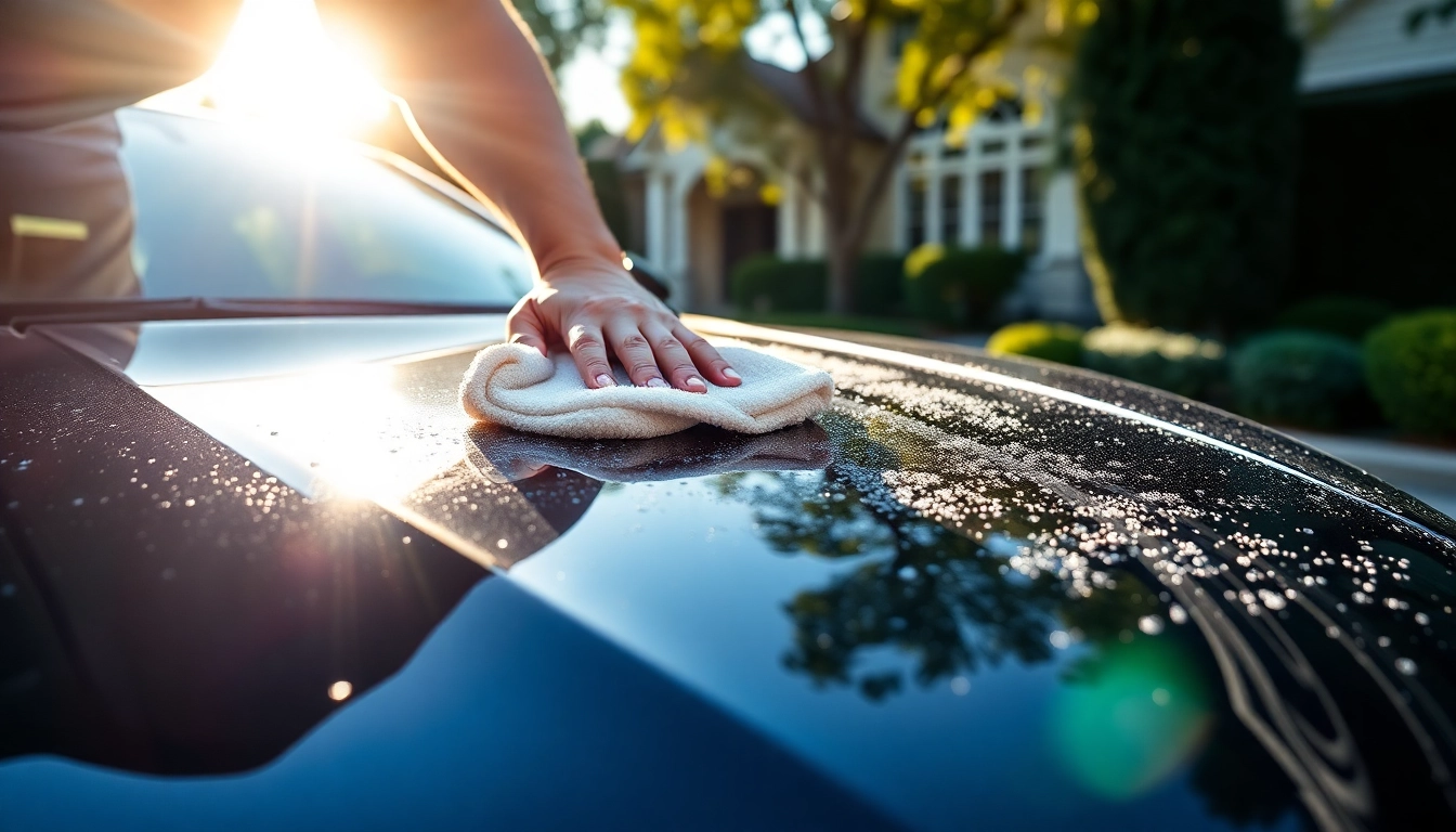 Mobile auto detailing technician expertly cleaning a luxury vehicle in bright sunlight.