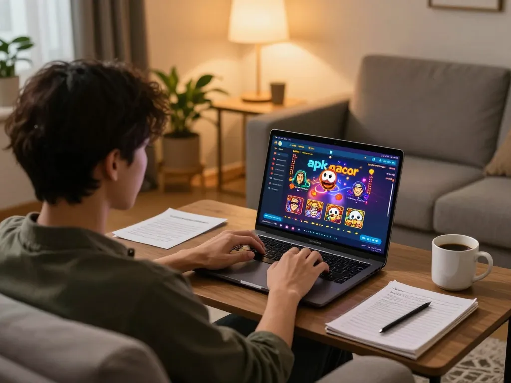 Experience apk gacor gameplay on a laptop in a cozy home environment with strategic elements.