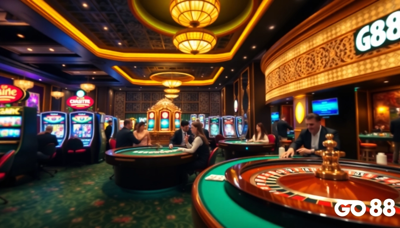 Players enjoying roulette and poker at Go88's luxurious casino table.