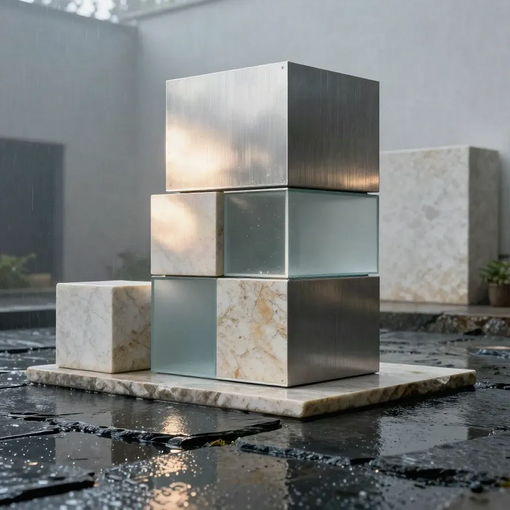 Modular aluminum-and-glass cube monolith on wet stone in dawn mist