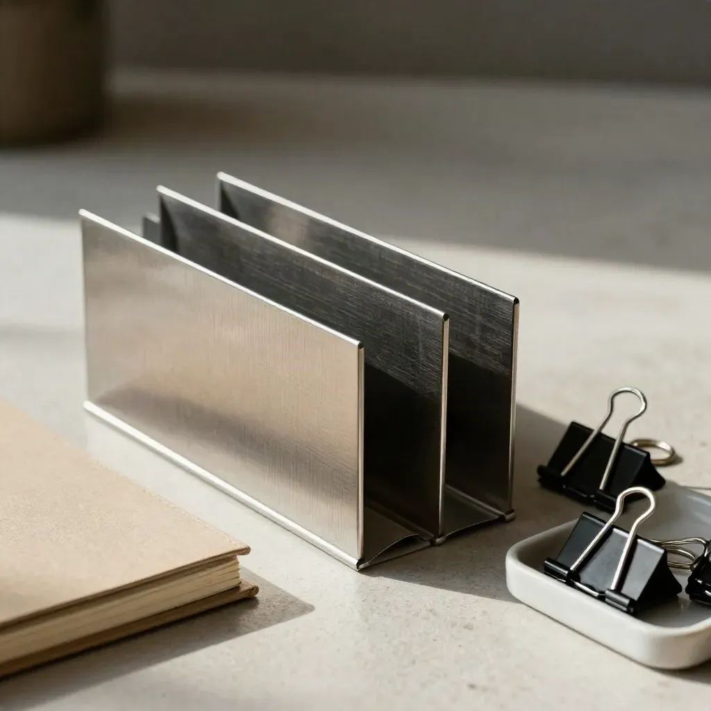 Top-down macro of file dividers, closed notebook, and binder clips on pale stone.