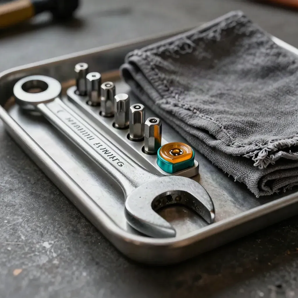 Maintenance tray with wrench, hex bits, amber module and folded cloth on dark stone.