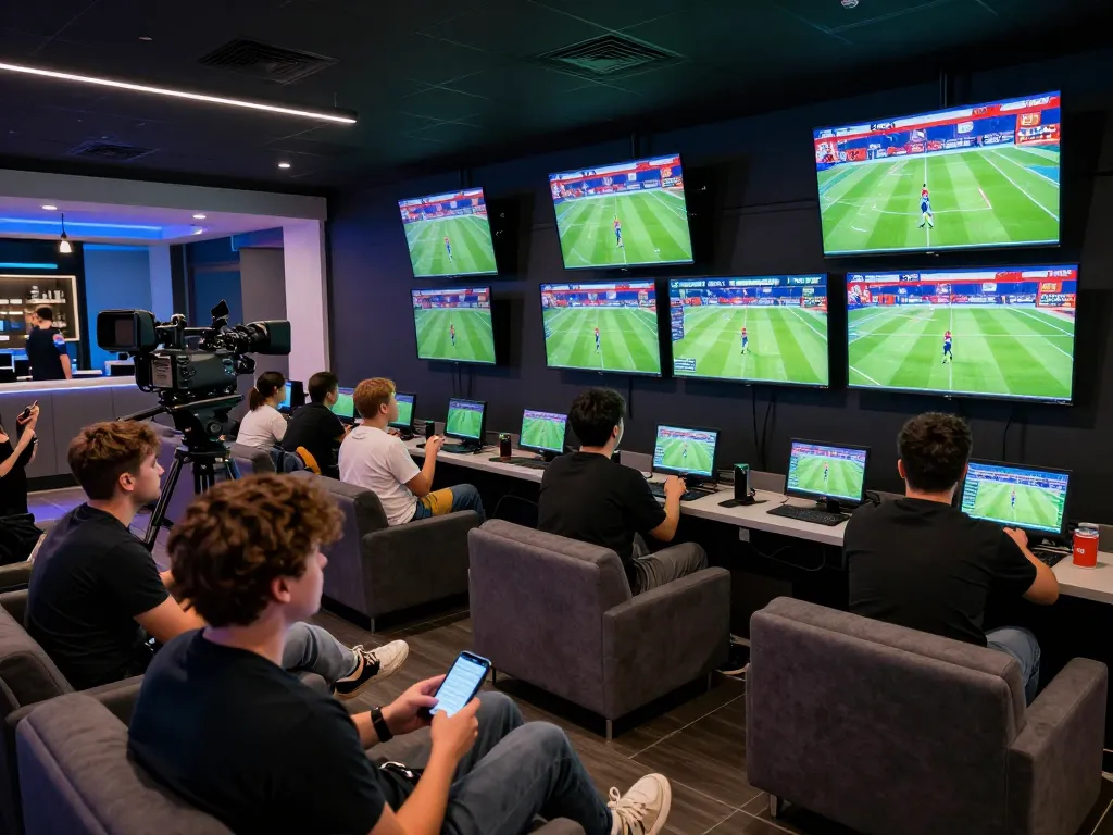 Kqbd hôm nay in vibrant sports betting lounge, fans engaged in live match analysis on mobile devices.