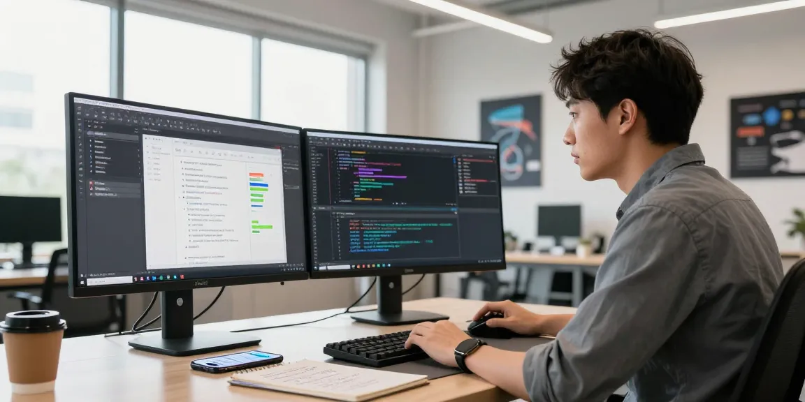 Professional workspace showcasing a developer's setup at 纸飞机官网, featuring dual monitors, laptop, and coding tools.