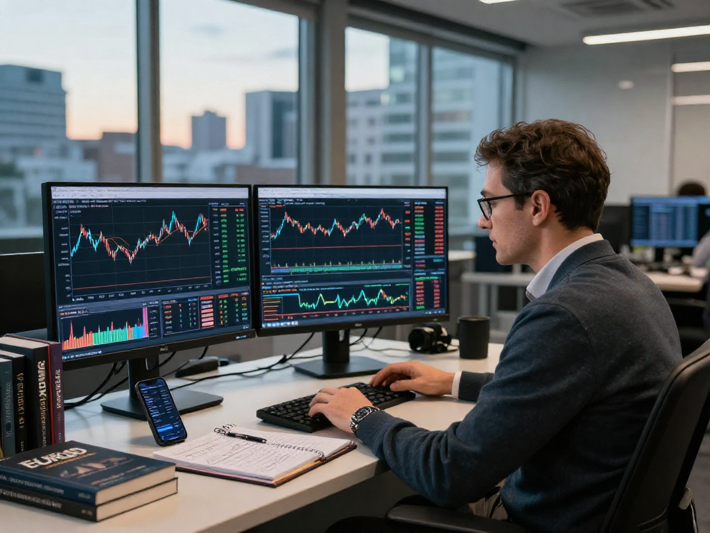 Trader analyzing the EURUSD live data feed in a modern office, surrounded by trading charts and indicators.