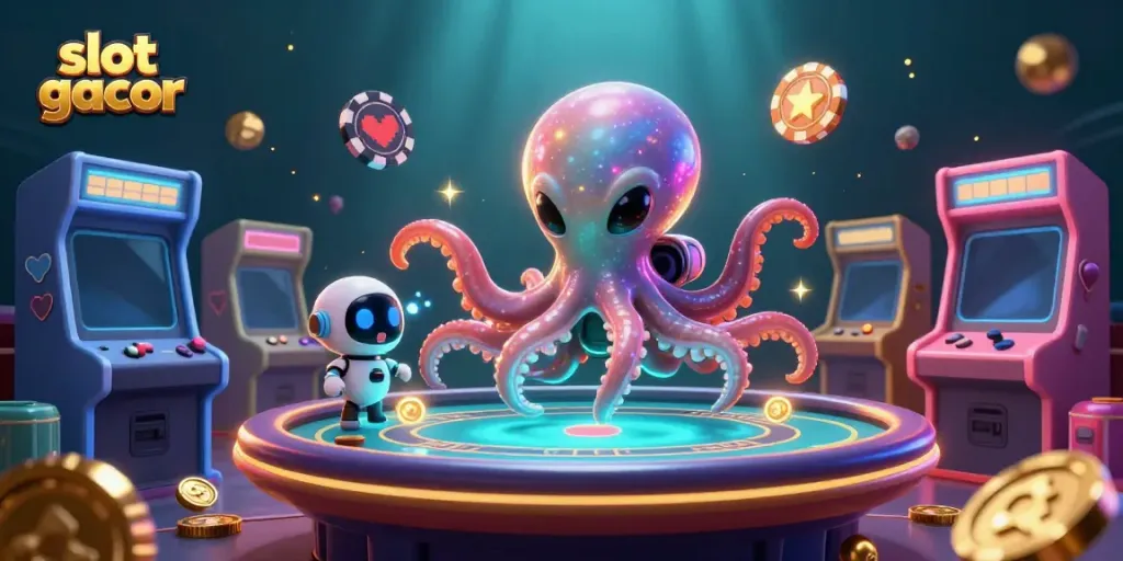 Engaging illustration of a slot gacor scenario with an alien octopus and vibrant game elements.
