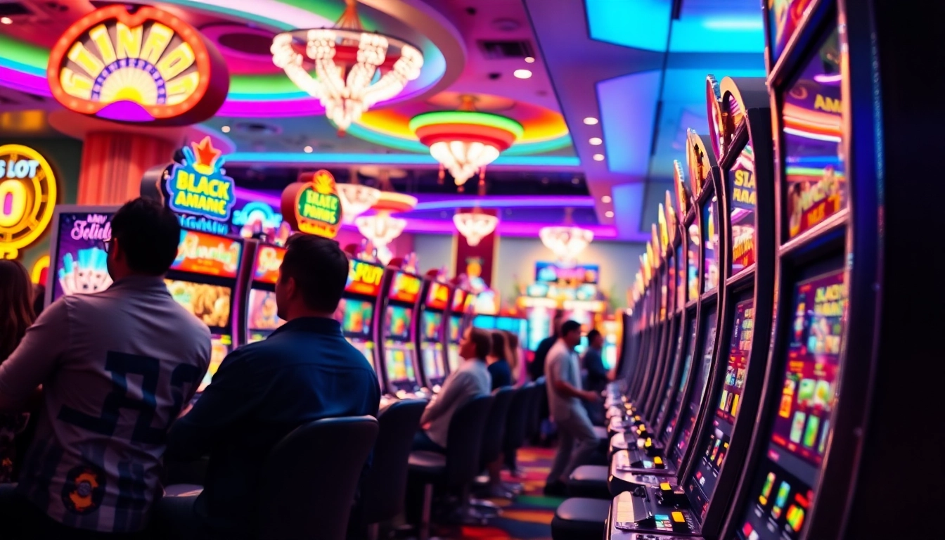 Pengunjung bermain situs slot di kasino dengan mesin slot berwarna-warni dan suasana ceria.