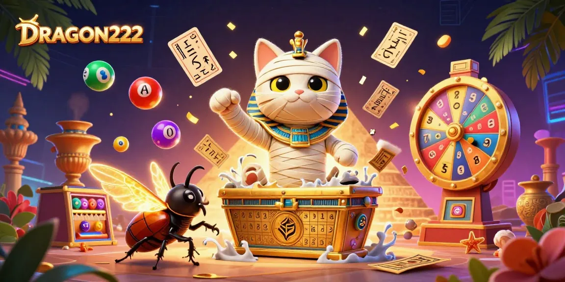Experience thrilling wins with DRAGON222's Egyptian-themed casino illustration featuring dynamic gaming elements.