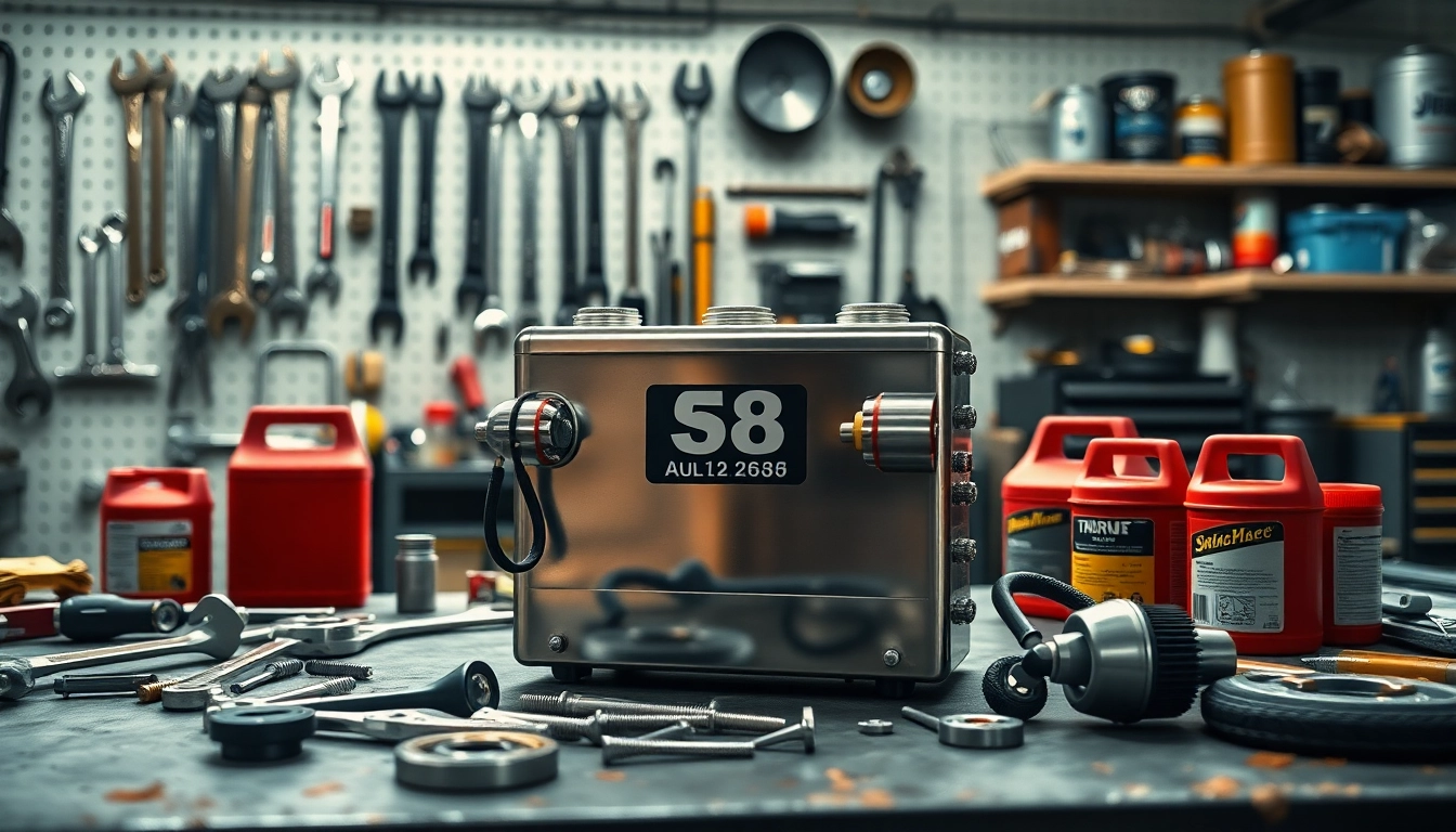 The S58 Auxiliary Fuel Kit showcases its robust design amidst essential workshop tools.