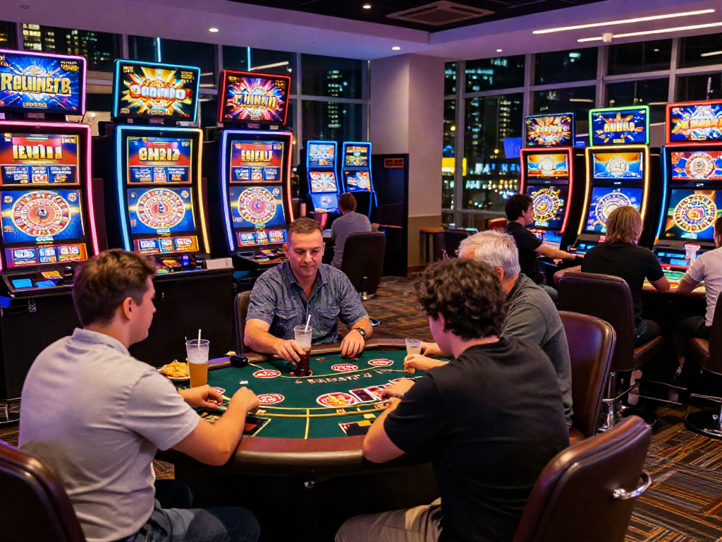 Players engaging in judi casino online with vibrant games and modern decor in a lively atmosphere
