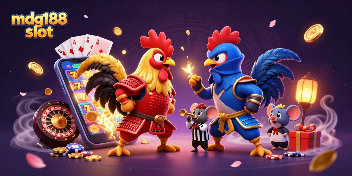 Experience the thrills of mdg188 slot with dynamic fighting roosters and colorful casino elements.