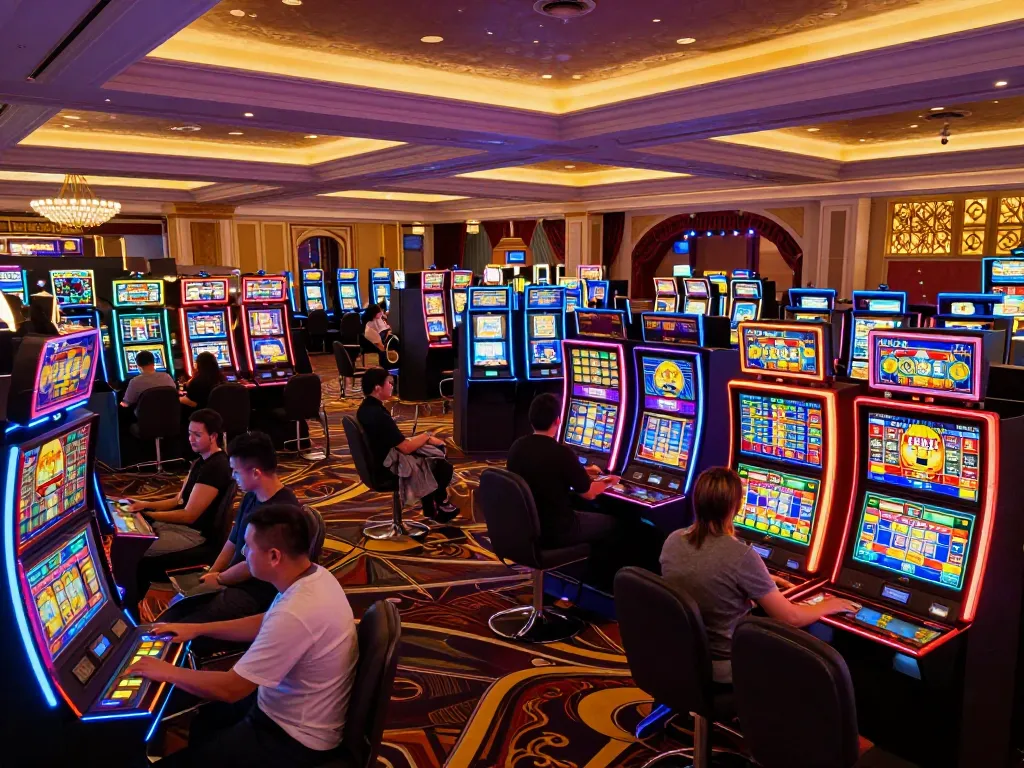 Players enjoying the slot server thailand no 1 under bright neon lights, showcasing a vibrant casino environment.