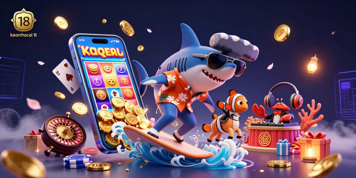 Engage with keonhacai 18's vibrant gambling scene featuring a shark on surfboards of coins with slots and poker elements.