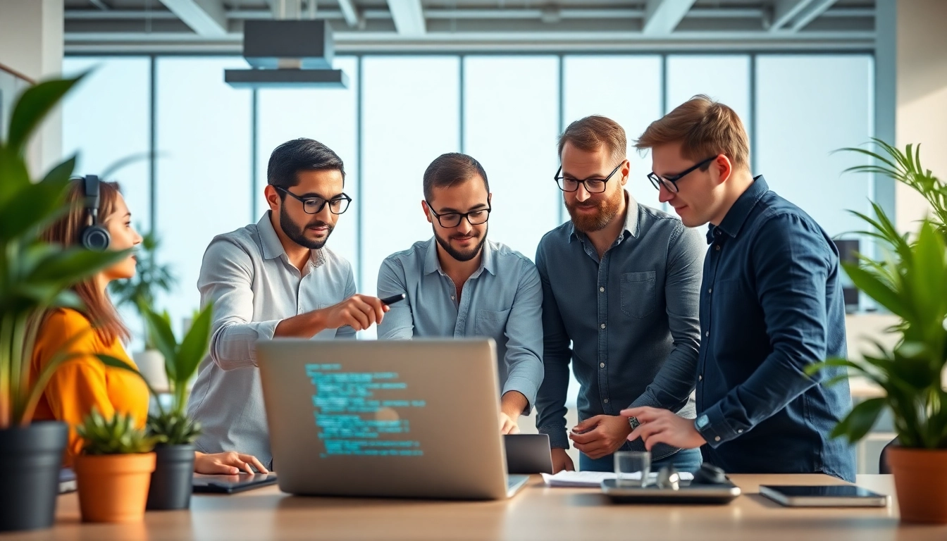 Engaged team at a web development company collaborating on innovative solutions.