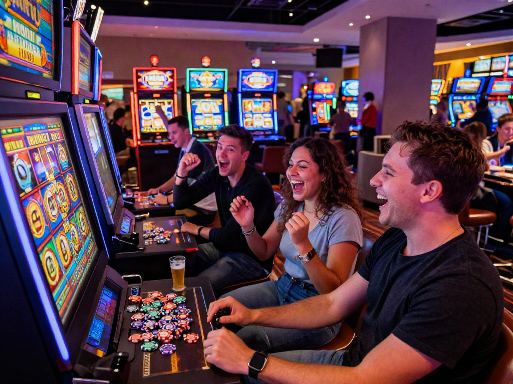 Excited group celebrating a win at a casino slot machine with colorful graphics, highlighting slot bonus new member 100.