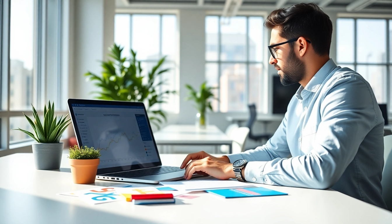 Social media marketing Edmonton expert analyzing campaign strategies in a vibrant office setting.