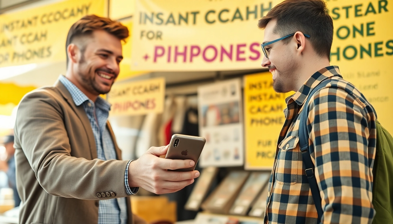 Engaging instant phone buyer transaction at a market with a smiling seller and customer.