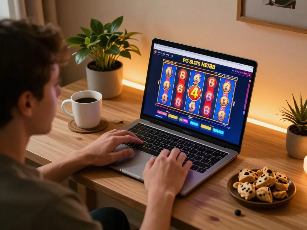 Engaging gameplay of PG Slots NET88 displayed on a laptop in a cozy home setting with snacks.