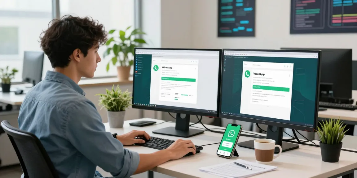 WhatsApp下載 interface displayed on multiple monitors in a modern office workspace.