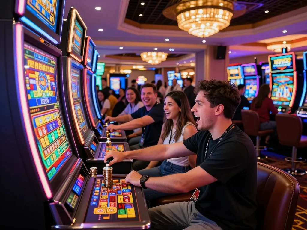 Players experiencing slot gacor hari ini in a lively casino, cheering for wins and enjoying vibrant slot machines.
