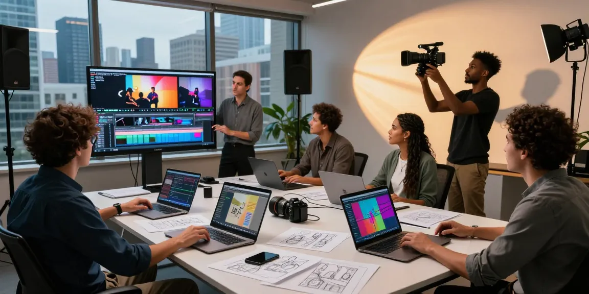 Team collaborating in a leading video production house in Singapore, reviewing footage and adjusting lighting in a creative studio.
